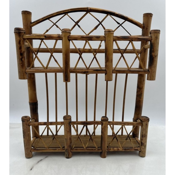 Vintage Wicker Spice Rack 2 Tier Wall Shelf Tortoise Burnt Bamboo